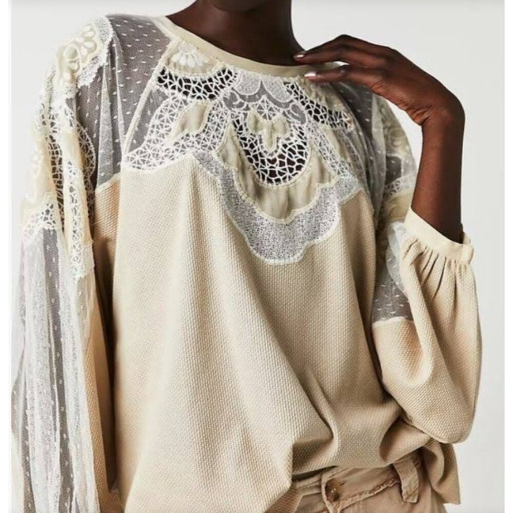 Free People Toni Boho L/S Flowy Oversized Tunic Top Beige Lace‎ Thermal Sz XS/S